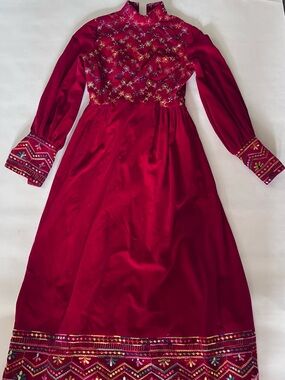 Embroidered Red Maxi Dress with High Neck